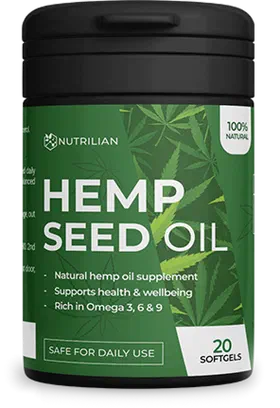 Envase de Hemp Seed Oil, 20 cápsulas